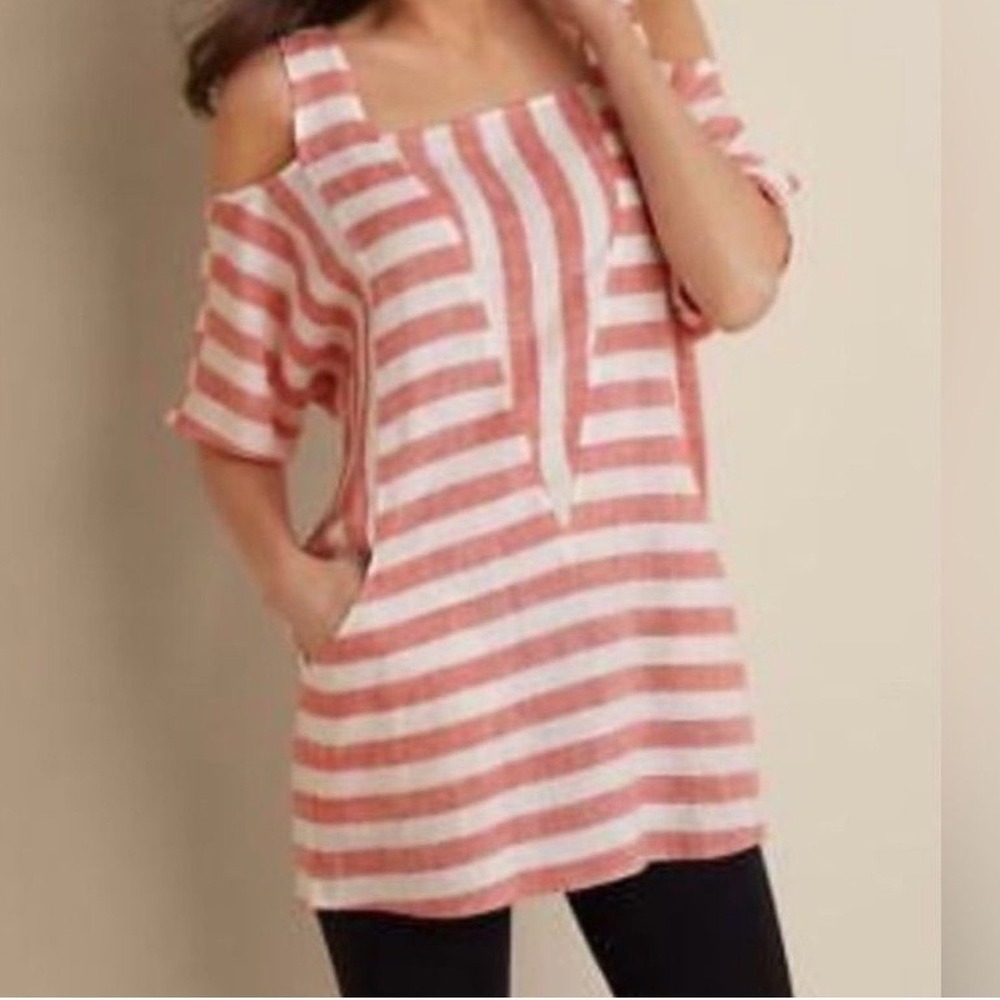 Soft Surroundings Large Sunset Tunic Top Striped Linen Blend Cold Shoulder Large